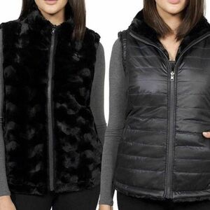 Nicole Miller Women's Black Reversible Vest quilted faux fur Zip XXL